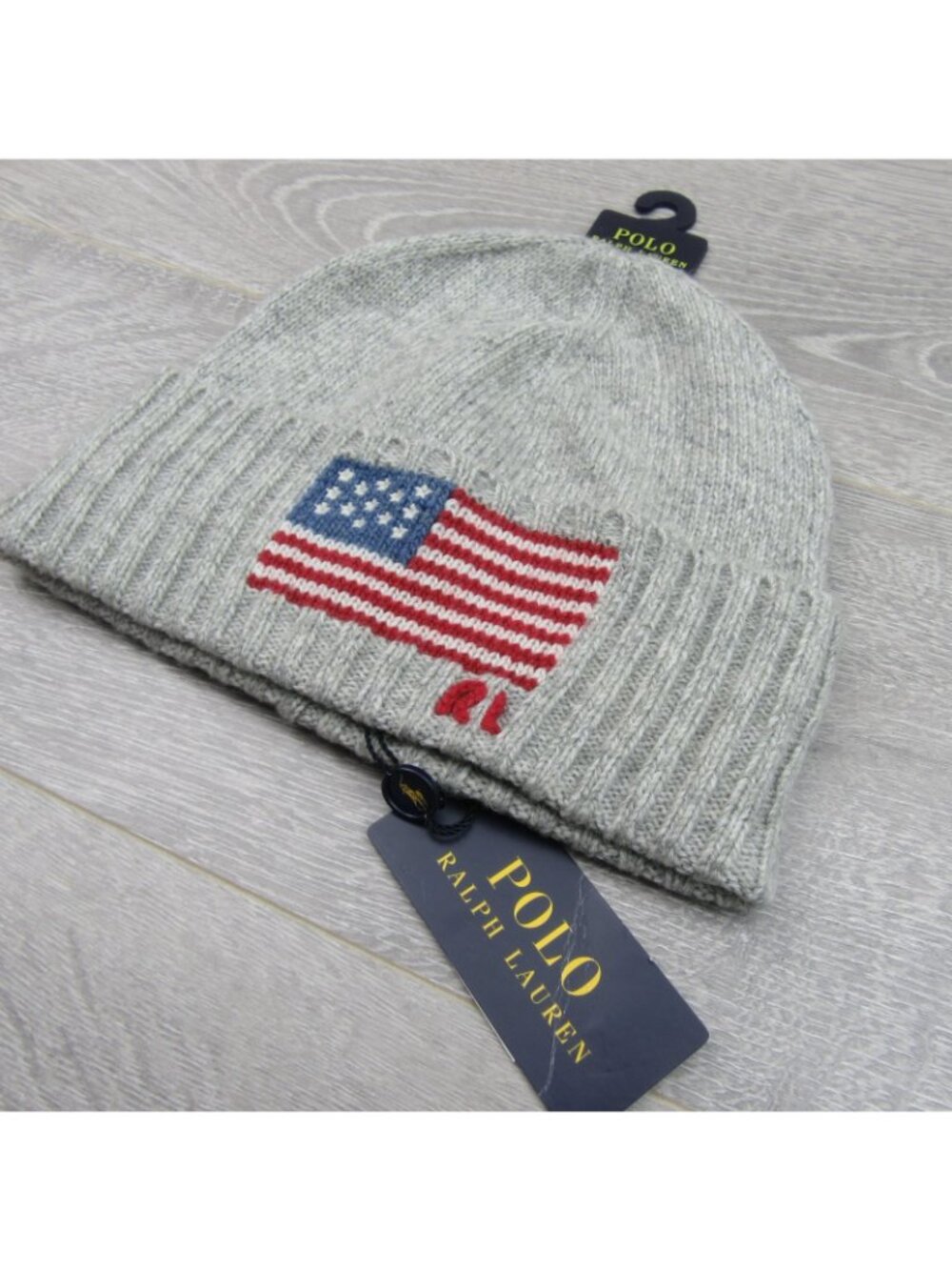 Polo Ralph Lauren RL Wool Knit USA Flag Beanie Adult One Size Grey NEW - Picture 5 of 9